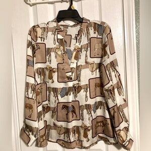 Long Sleeve horseman’s blouse in a size L colors are cream, tan, brown & blue